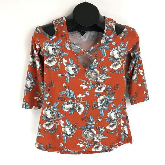 Rue21 Floral Cold Shoulder Top Size Small Orange Criss-Cross Stretch Knit Casual - Picture 1 of 9